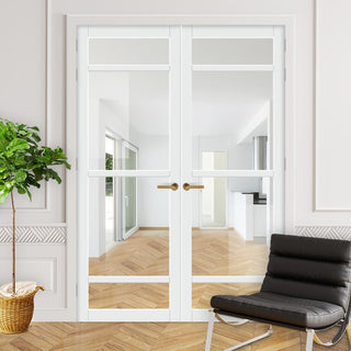 Image: Eco-Urban Malvan 4 Pane Solid Wood Internal Door Pair UK Made DD6414G Clear Glass - Eco-Urban® Cloud White Premium Primed