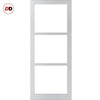 Top Mounted Black Sliding Track & Solid Wood Double Doors - Eco-Urban® Manchester 3 Pane Doors DD6306SG - Frosted Glass - Cloud White Premium Primed