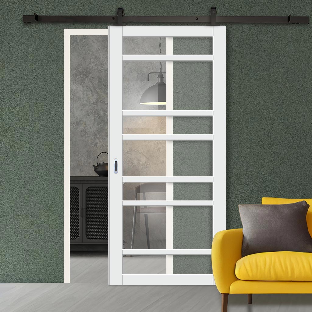 Top Mounted Black Sliding Track & Solid Wood Door - Eco-Urban® Metropolitan 7 Pane Solid Wood Door DD6405G Clear Glass - Cloud White Premium Primed