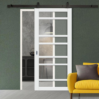 Image: Top Mounted Black Sliding Track & Solid Wood Door - Eco-Urban® Metropolitan 7 Pane Solid Wood Door DD6405G Clear Glass - Cloud White Premium Primed