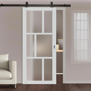 Image: Top Mounted Black Sliding Track & Solid Wood Door - Eco-Urban® Milan 6 Pane Solid Wood Door DD6422SG Frosted Glass - Cloud White Premium Primed