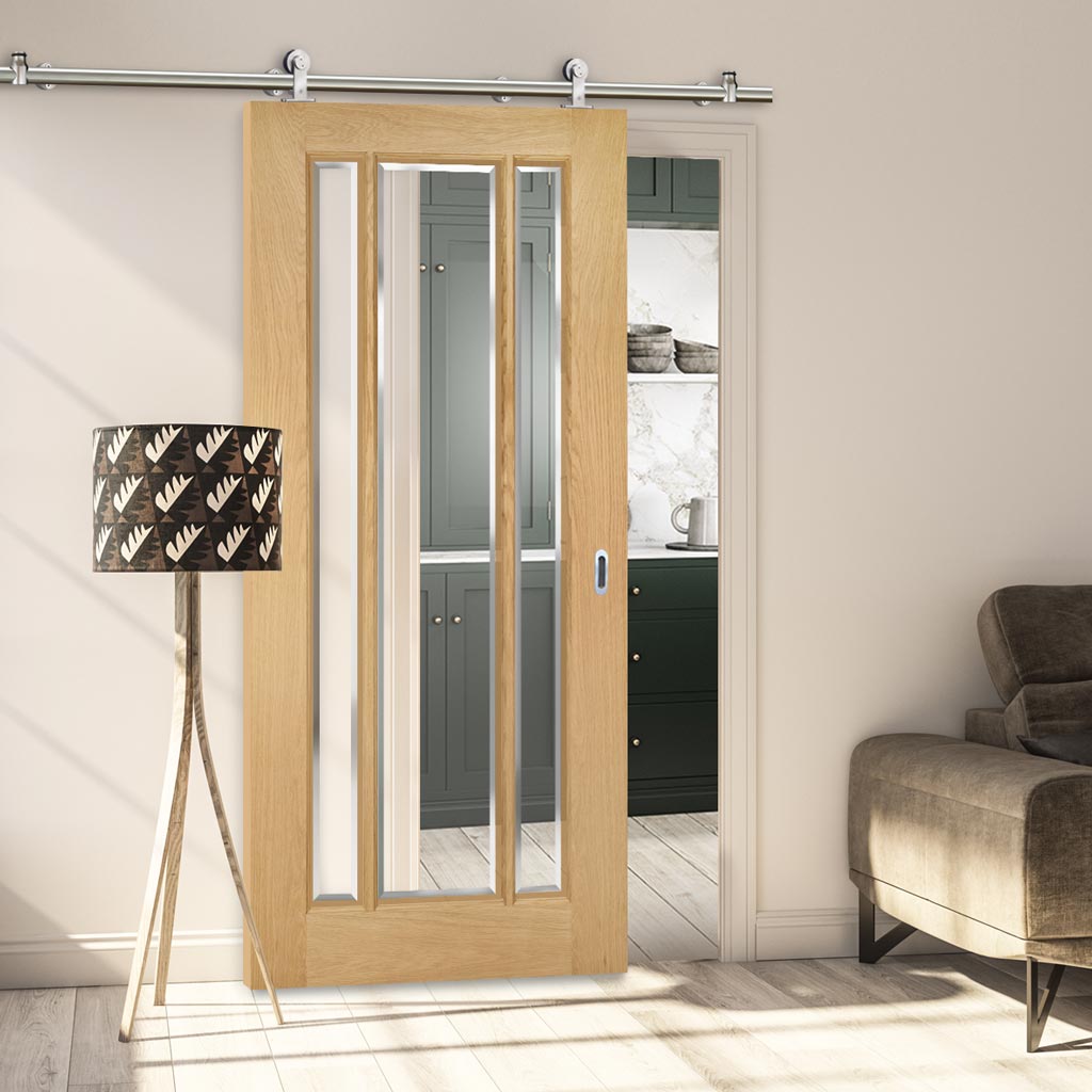 Sirius Tubular Stainless Steel Sliding Track & Norwich Oak Door - Clear Bevelled Glass - Unfinished