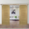 Double Sliding Door & Stainless Barn Steel Track - Pamplona Oak Flush Door - Prefinished