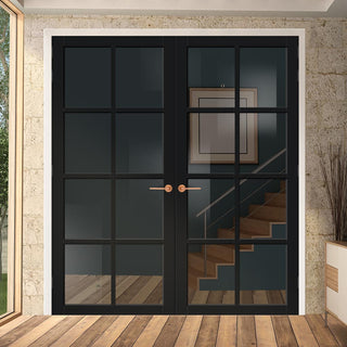 Image: Perth 8 Pane Solid Wood Internal Door Pair UK Made DD6318 - Tinted Glass - Eco-Urban® Shadow Black Premium Primed