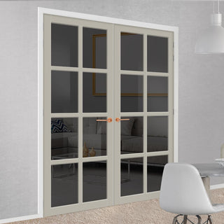 Image: Perth 8 Pane Solid Wood Internal Door Pair UK Made DD6318 - Tinted Glass - Eco-Urban® Mist Grey Premium Primed