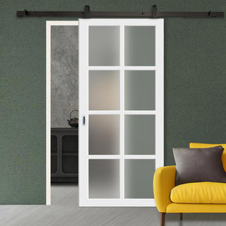 Image: Top Mounted Black Sliding Track & Solid Wood Door - Eco-Urban® Perth 8 Pane Solid Wood Door DD6318SG - Frosted Glass - Cloud White Premium Primed