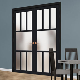 Image: Eco-Urban Queensland 7 Pane Solid Wood Internal Door Pair UK Made DD6424SG Frosted Glass - Eco-Urban® Shadow Black Premium Primed