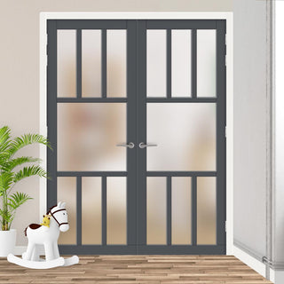 Image: Eco-Urban Queensland 7 Pane Solid Wood Internal Door Pair UK Made DD6424SG Frosted Glass - Eco-Urban® Stormy Grey Premium Primed