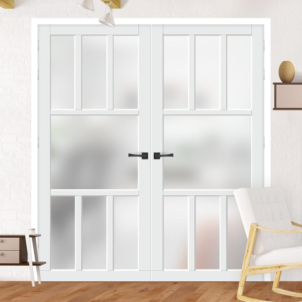 Eco-Urban Queensland 7 Pane Solid Wood Internal Door Pair UK Made DD6424SG Frosted Glass - Eco-Urban® Cloud White Premium Primed