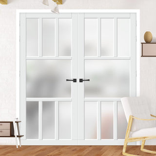 Image: Eco-Urban Queensland 7 Pane Solid Wood Internal Door Pair UK Made DD6424SG Frosted Glass - Eco-Urban® Cloud White Premium Primed