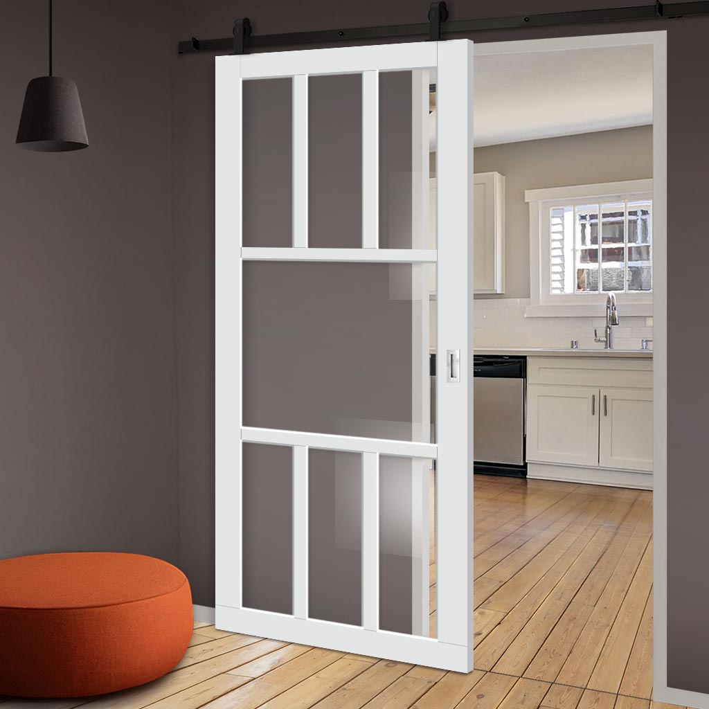 Top Mounted Black Sliding Track & Solid Wood Door - Eco-Urban® Queensland 7 Pane Solid Wood Door DD6424G Clear Glass - Cloud White Premium Primed