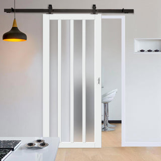 Image: Top Mounted Black Sliding Track & Solid Wood Door - Eco-Urban® Sintra 4 Pane Solid Wood Door DD6428SG Frosted Glass - Cloud White Premium Primed