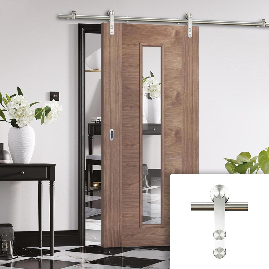 Saturn Tubular Stainless Steel Sliding Track & Sofia Walnut Veneer Door - Clear Glass - Prefinished