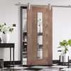 Saturn Tubular Stainless Steel Sliding Track & Sofia Walnut Veneer Door - Clear Glass - Prefinished