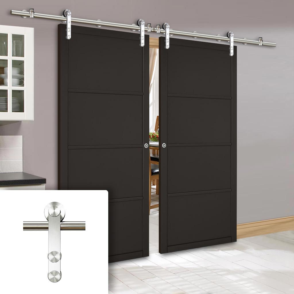 Saturn Tubular Stainless Steel Sliding Track & Soho 4 Panel Double Door - Black Painted - Prefinished
