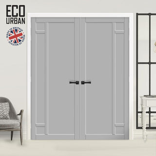 Image: Suburban 4 Panel Solid Wood Internal Door Pair UK Made DD6411 - Eco-Urban® Mist Grey Premium Primed