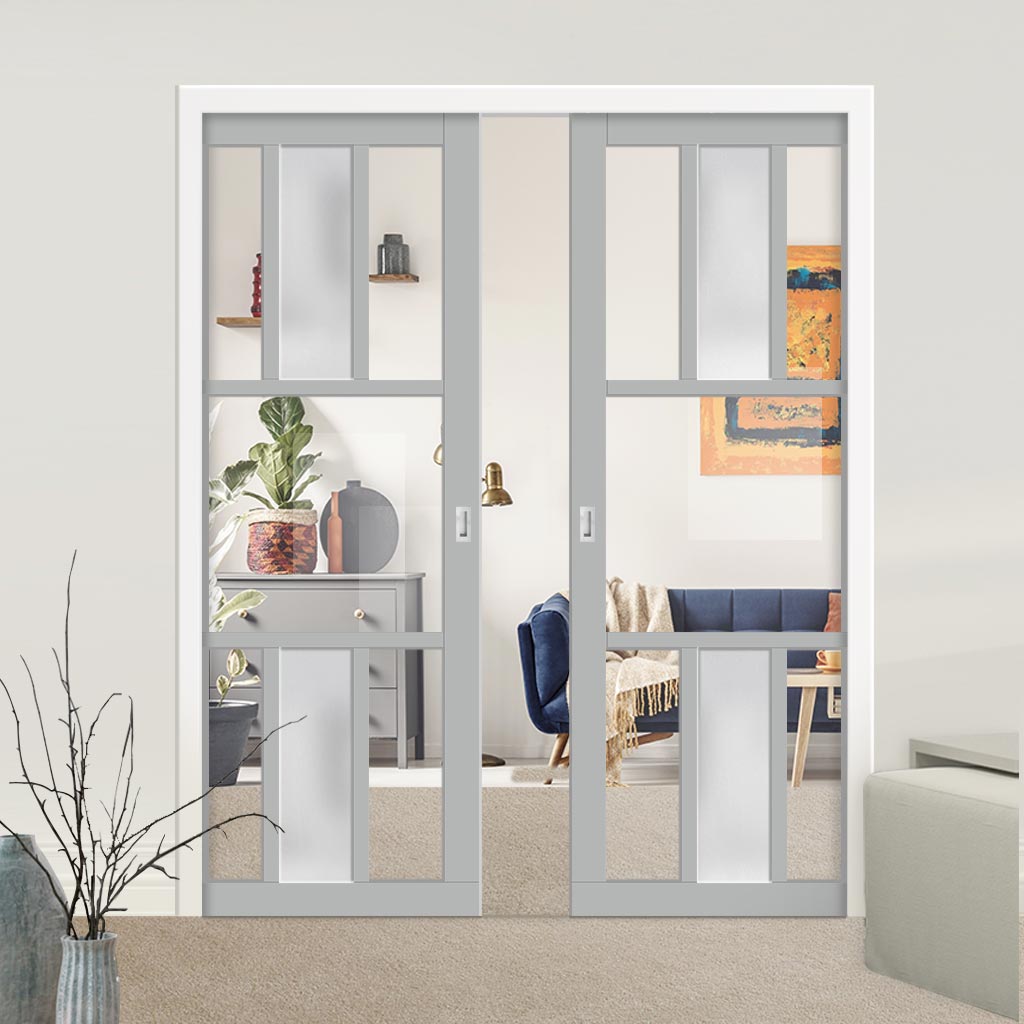 Bespoke Handmade Eco-Urban® Tasmania 7 Pane Double Evokit Pocket Door DD6425G Clear Glass(1 FROSTED PANE) - Colour Options