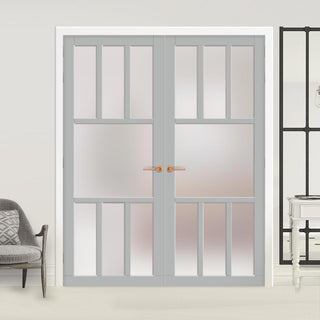 Image: Eco-Urban Tasmania 7 Pane Solid Wood Internal Door Pair UK Made DD6425SG Frosted Glass - Eco-Urban® Mist Grey Premium Primed