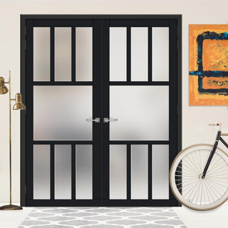 Image: Eco-Urban Tasmania 7 Pane Solid Wood Internal Door Pair UK Made DD6425SG Frosted Glass - Eco-Urban® Shadow Black Premium Primed