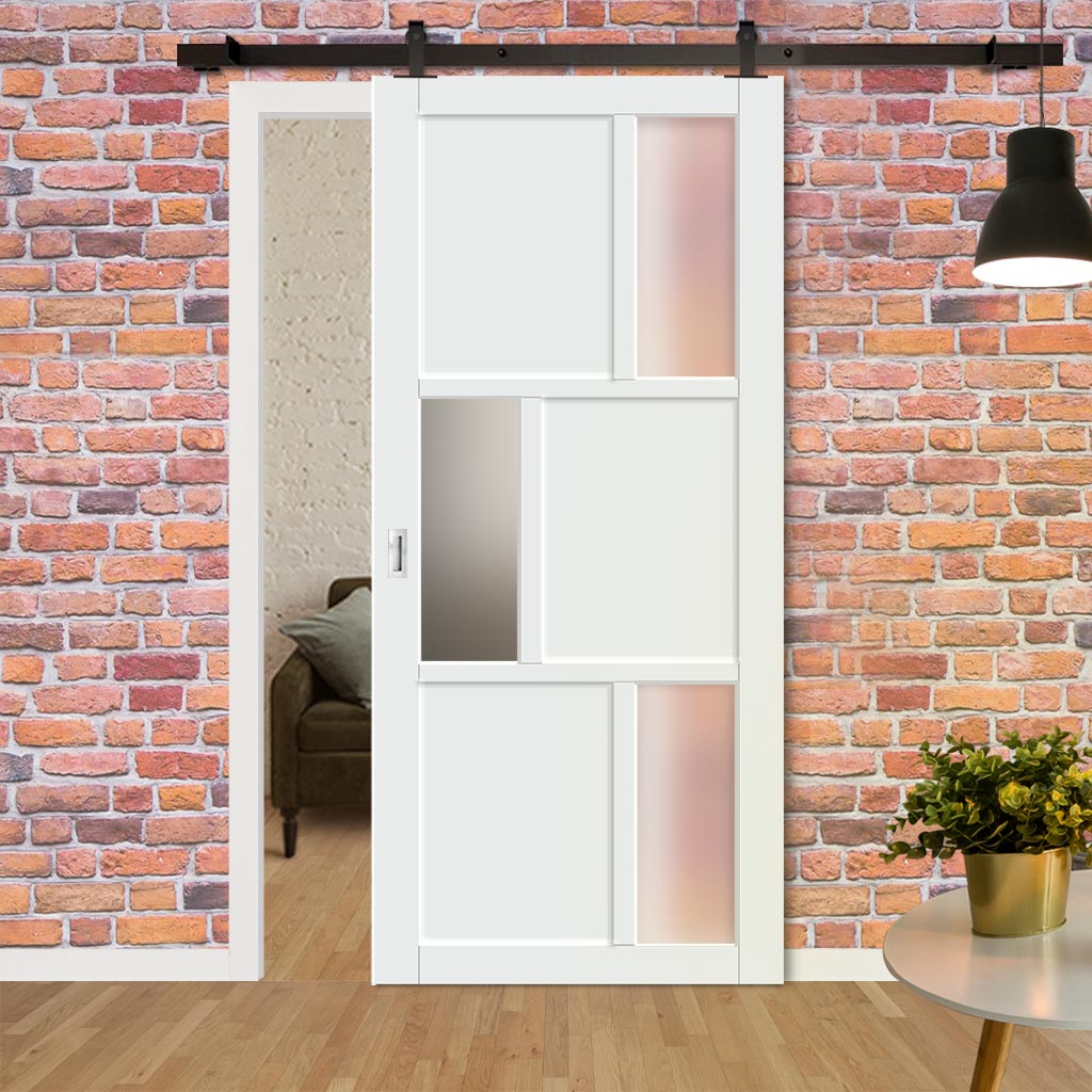 Top Mounted Black Sliding Track & Solid Wood Door - Eco-Urban® Tokyo 3 Pane 3 Panel Solid Wood Door DD6423SG Frosted Glass - Cloud White Premium Primed