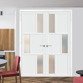 Image: Eco-Urban Tokyo 3 Pane 3 Panel Solid Wood Internal Door Pair UK Made DD6423SG Frosted Glass - Eco-Urban® Cloud White Premium Primed