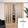 Saturn Tubular Stainless Steel Sliding Track & Utah 3 Pane Oak Double Door - Frosted Glass - Prefinished