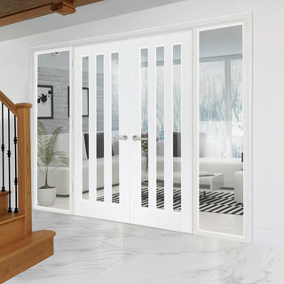 Image: ThruEasi White Room Divider - Utah 3 Pane Clear Glass Primed Door Pair with Full Glass Sides