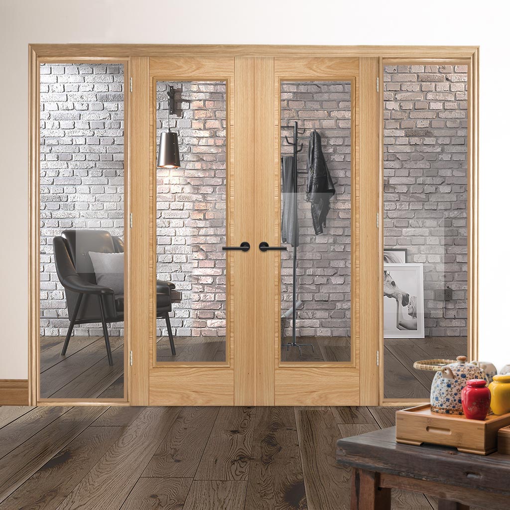 OakRoom Divider - Vancouver 1 Pane Clear Glass Prefinished Door Pair with Full Glass Sides
