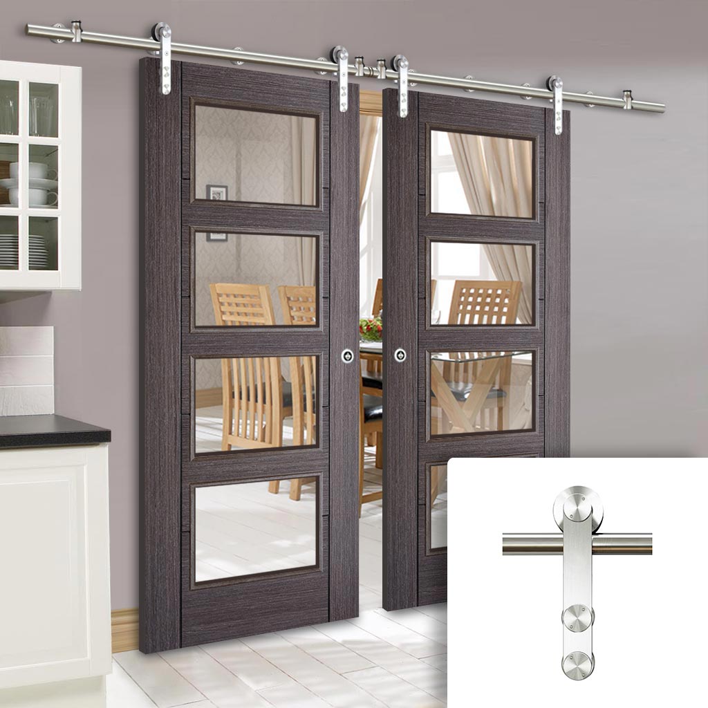 Saturn Tubular Stainless Steel Sliding Track & Vancouver 4 Pane Ash Grey Double Door - Clear Glass - Prefinished