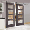 Saturn Tubular Stainless Steel Sliding Track & Vancouver 4 Pane Ash Grey Double Door - Clear Glass - Prefinished