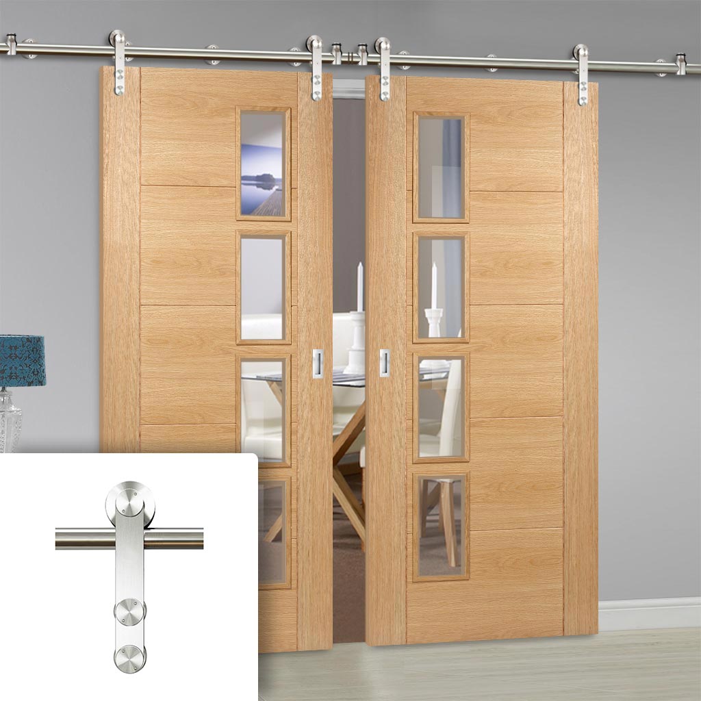 Saturn Tubular Stainless Steel Sliding Track & Vancouver 4 Pane Oak Double Door - Clear Glazed Offset - Prefinished
