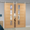 Saturn Tubular Stainless Steel Sliding Track & Vancouver 4 Pane Oak Double Door - Clear Glazed Offset - Prefinished