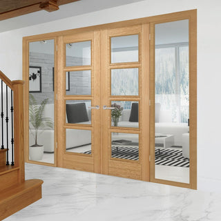 Image: ThruEasi Oak Room Divider - Vancouver 4 Pane Clear Glass Prefinished Door Pair with Full Glass Sides