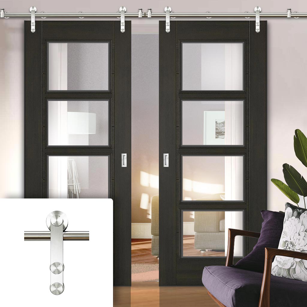 Saturn Tubular Stainless Steel Sliding Track & Vancouver Smoked Oak Internal Double Doors - Clear Glass - Prefinished