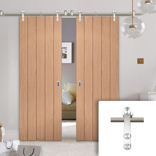 Image: Saturn Tubular Stainless Steel Sliding Track & Wexford Oak Panel Double Door - Unfinished