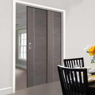 Image: Chocolate Grey Alcaraz Staffetta Twin Telescopic Pocket Doors - Prefinished