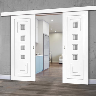 Image: Double Sliding Door & Wall Track - Altino Door - Clear Glass - White Primed