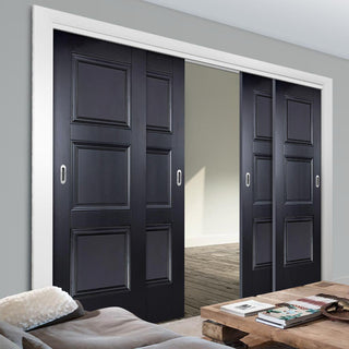 Image: Four Sliding Doors and Frame Kit - Amsterdam 3 Panel Black Primed Door - Unfinished