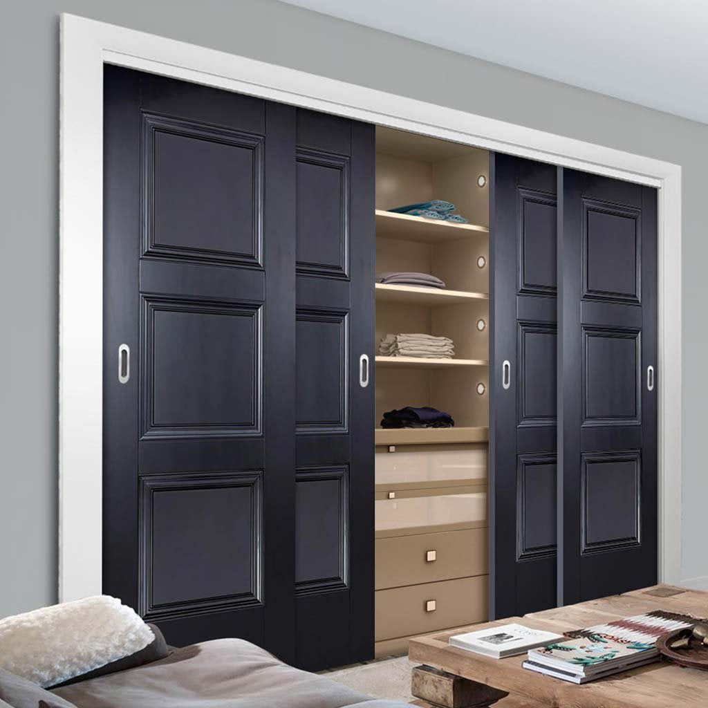 Four Sliding Wardrobe Doors & Frame Kit - Amsterdam 3 Panel Black Primed Door - Unfinished