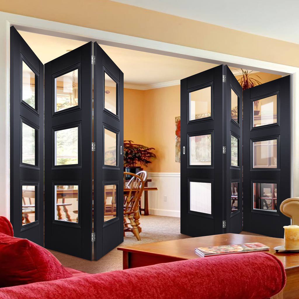 Six Folding Doors & Frame Kit - Amsterdam Black Primed 3+3 - Clear Glass - Unfinished