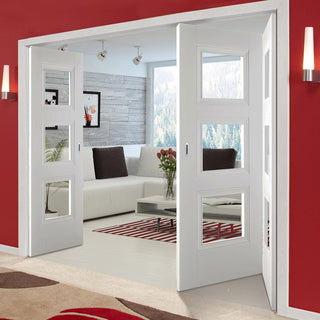 Image: Three Folding Doors & Frame Kit - Amsterdam 3 Panel 2+1 Folding Door- Clear Glass - White Primed