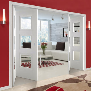 Image: Four Folding Doors & Frame Kit - Amsterdam 3 Panel 2+2 - Clear Glass - White Primed