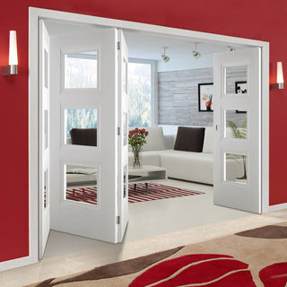 Image: Four Folding Doors & Frame Kit - Amsterdam 3 Panel 3+1 - Clear Glass - White Primed