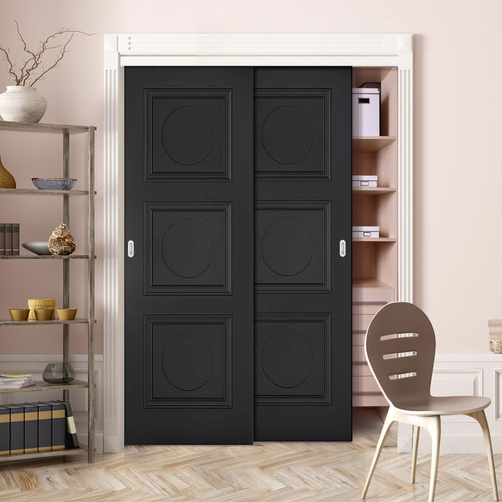 Two Sliding Maximal Wardrobe Doors & Frame Kit - Antwerp 3 Panel Black Primed Door