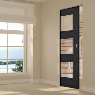 Image: Antwerp 3 Pane Black Primed Absolute Evokit Single Pocket Door - Clear Glass