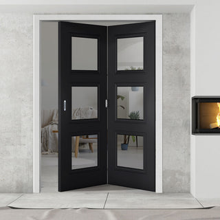 Image: Two Folding Doors & Frame Kit - Antwerp 3 Pane Black Primed 2+0 - Clear Glass