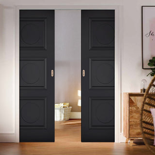 Image: Antwerp 3 Panel Black Primed Double Evokit Pocket Doors