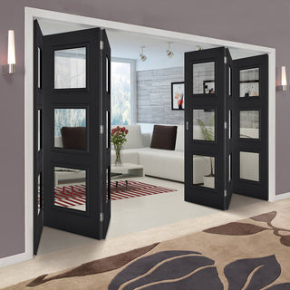 Image: Six Folding Doors & Frame Kit - Antwerp 3 Pane Black Primed 3+3 - Clear Glass