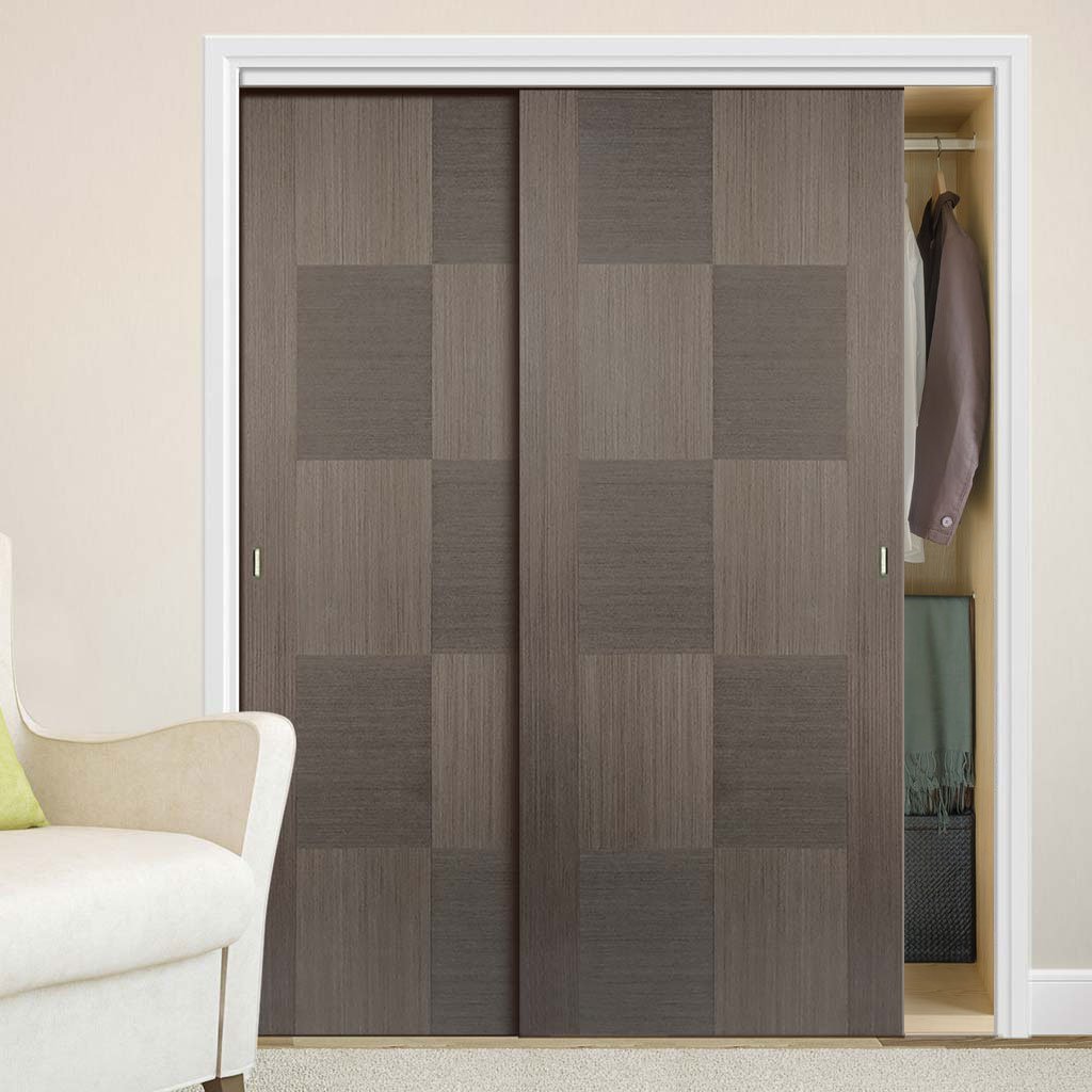 Minimalist Wardrobe Door & Frame Kit - Two Apollo Flush Chocolate Grey Doors - Prefinished