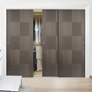 Image: Minimalist Wardrobe Door & Frame Kit - Three Apollo Flush Chocolate Grey Doors - Prefinished